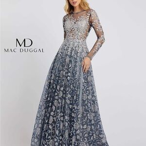 Mac Duggal Navy and Silver Floral Gown